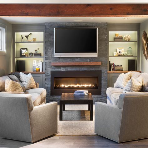 family room Elegant Traditional Living Room, Narrow Family Room, Fireplace Furniture Arrangement, Narrow Living, Boston Living Room, Long Narrow Living Room, Traditional Design Living Room, Tv Over Fireplace, Fireplace Furniture