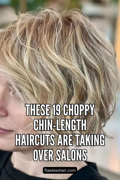 Choppy Layers On Wavy Chin-Length Hair Short Hair Chin Length, Hair Chin Length, Choppy Bob Hairstyles With Bangs, Short Choppy Layered Hair, Short Choppy Layers, Layered Wavy Bob, Hair Is Everything, Textured Bob Hairstyles, Short Textured Bob