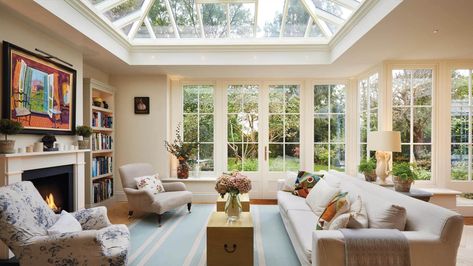 An orangery which adds an open plan living space that exudes class and character. Orangery Extension Kitchen, Cosy Garden, Kitchen Orangery, Orangery Extension, Garden Room Extensions, Room Extensions, Sunroom Designs, Open Plan Kitchen Living Room, French Country Living Room