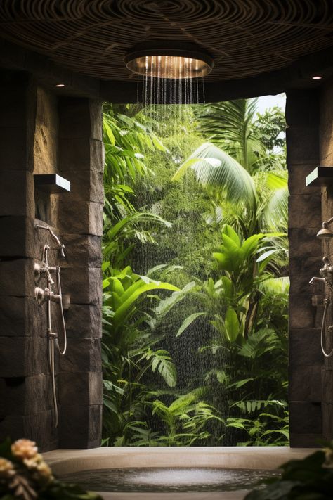 Jungle Master Suite, Forest Aesthetic Kitchen, Jungle Theme Interior Design, Dark Nature House Aesthetic, Tropical Indoor Pool, Jungle Resort Design, Jungle Shower Bathroom, Dark Jungle Bathroom, Rainforest Shower Bathroom