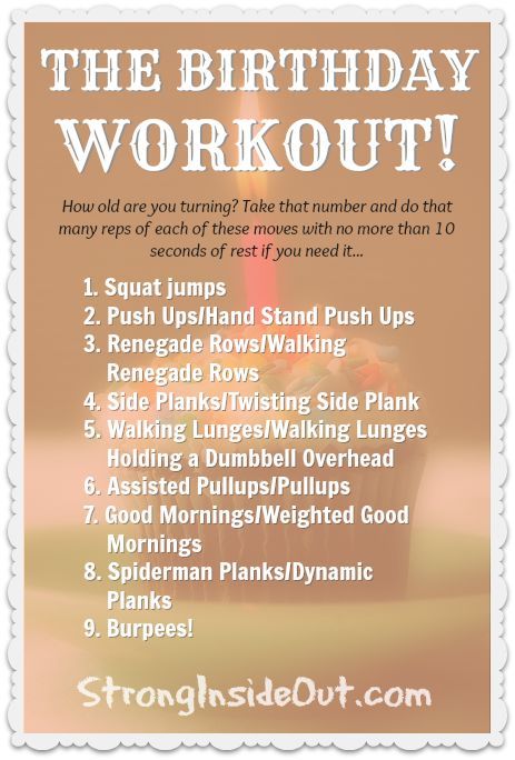 The Birthday Workout is the worst workout they’ll have all year depending on how old they’re turning. Description from stronginsideout.com. I searched for this on bing.com/images Full Body Circuit, Birthday Workout, Holiday Workout, Workout Stuff, Boot Camp Workout, Body Challenge, Toning Workouts, Aerobic Exercise, Running Workouts