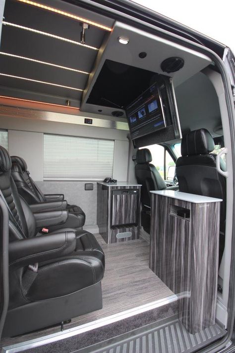 Custom Sprinter Van Interiors, Luxury Van Conversion, Sprinter Van Storage Ideas, Van Workspace, Sprinter Van Luxury, Sprinter Van Interior Ideas, Sprinter Van Conversion Interiors, Luxury Sprinter Van, Van Conversion Layout