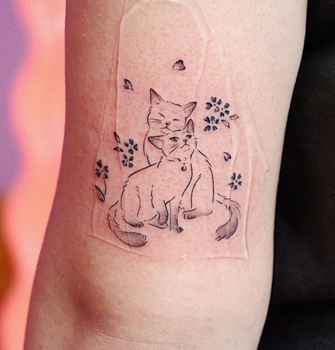 Two Kittens Tattoo, Red Ink Cat Tattoo, Two Cat Outline Tattoo, Sister Cat Tattoos, Cat Aesthetic Tattoo, Cat Playing Tattoo, 2 Cat Tattoo, Three Cats Tattoo, Cat Tattoo Small Simple