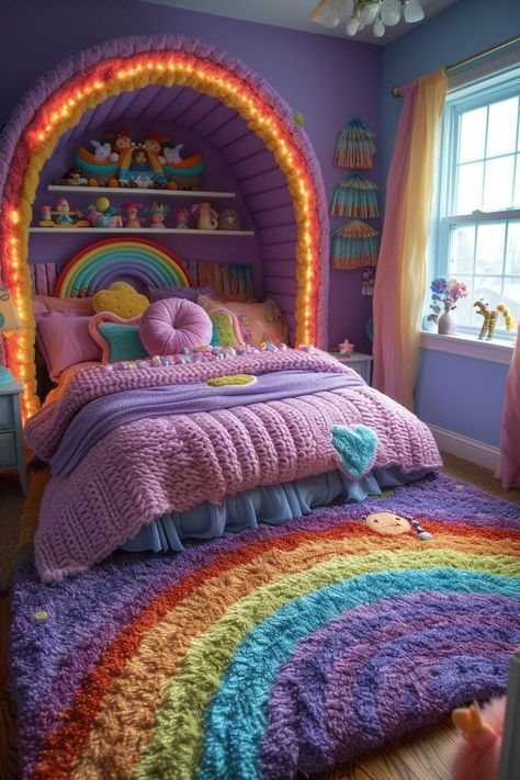 Color Pop Room Ideas, Purple And Teal Room Ideas, Rainbow Bed Frame, Blue Pink Purple Bedroom, Lol Bedroom Ideas, Pink And Purple Painted Room, Girls Bedroom Ideas 5 Yo, Lisa Frank Bedroom Ideas, Kids Room Theme Ideas
