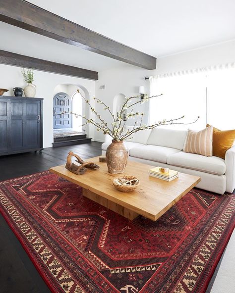 Machine Washable Rugs on Instagram: “Vintage-looking rugs that stay clean. 🤯✨ Rug featured: Zareen Scarlet Red from our new Founder’s Farmhouse collection.” Red Carpet Interior, Red Rug Living Room, Persian Rug Living Room, Condo Style, Spanish Accents, Kitchen 2024, White Sofa, Living Room Red, Decoracion Living