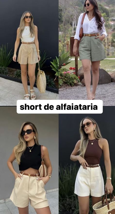 Beige Shorts Outfit Summer, Beige Shorts Outfits Women, Outfit Con Short Blanco, Cream Shorts Outfit, Bermuda Shorts Outfit Women, Tan Shorts Outfit, Beige Shorts Outfit, Look Con Short, Looks Jeans
