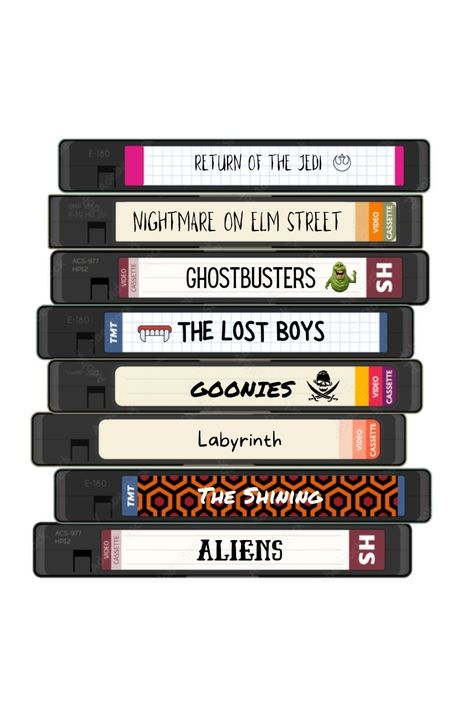 Stack of VHS / video tapes of movies from the 80s Stacked Cassette Tapes, Stack Of Cassette Tapes, Stack Of Vhs Tapes, Vhs Cassette Art, Vhs Inspired Design, Vhs Tapes Drawing, Casette Poster, Vhs Tape Drawing, Vhs Tape Art