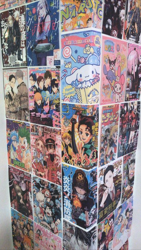 inspo Anime Wall Inspiration, Manga Walls Bedroom, Bedroom Inspo Anime, Anime Diy Decor, Manga Wall Room Decor, Anime Room Ideas Aesthetic, Aesthetic Anime Room Ideas, Weeb Room Ideas, Anime Wall Ideas