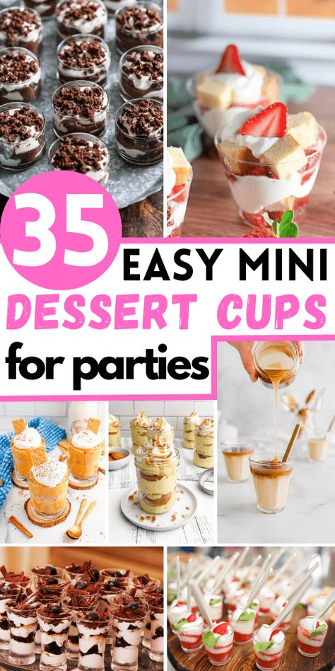 mini dessert cups for parties Cake Shots Recipe Mini Desserts, Desserts In Mini Cups, Deserts In Cup, Food In Shot Glasses, Chocolate Parfait Cups, Dessert Shots Ideas, Mini Desserts In A Cup, Mini Desserts For Christmas, Party Parfait Cups
