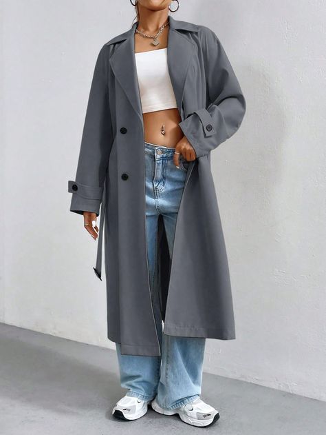 Dark Grey Casual Collar Long Sleeve Woven Fabric Plain Regular Embellished Non-Stretch  Women Clothing Tela, Grey Trench Coat Outfit Winter, Dark Grey Trench Coat Outfit, Grey Trench Coat Outfit, Trench Coat Outfit Winter, Trenchcoat Outfit, Winter Coat Outfits, Trench Coat Outfit, Grey Trench Coat