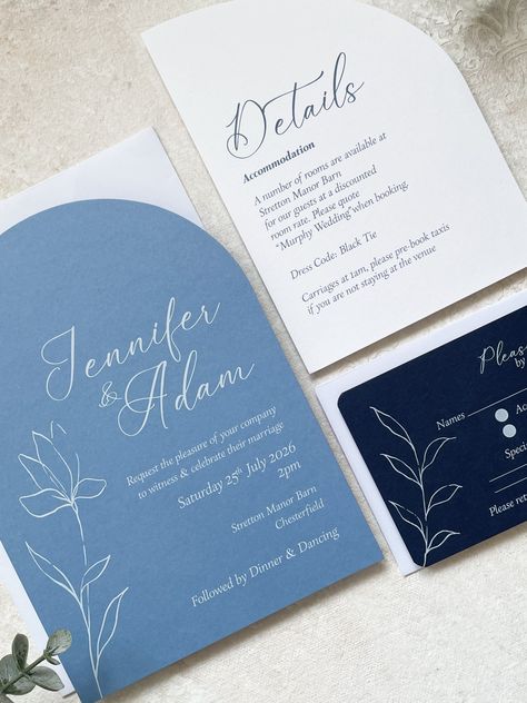 ****New**** Elevate your wedding stationery with our stunning arched shape invitation suite in a serene blue, navy & white colour palette. Paired with elegant white envelopes, these invitations feature a simple and chic botanic theme, enhanced by specialty white ink printing. Please note that orders must be for a minimum of 30 pieces (excluding samples). Want a different colour scheme? Contact us to explore custom options. Each set includes personalised 5x7 inch invitation, C6 half arched ... Blue Themed Wedding Invitations, Wedding Invitation Colour Palette, Blue White Wedding Invitation, Navy Blue And White Wedding Invitations, Botanical Themed Wedding, Wedding Invites Blue, Navy Blue Wedding Palette, Blue And White Wedding Invitations, Wedding Invitations Navy Blue