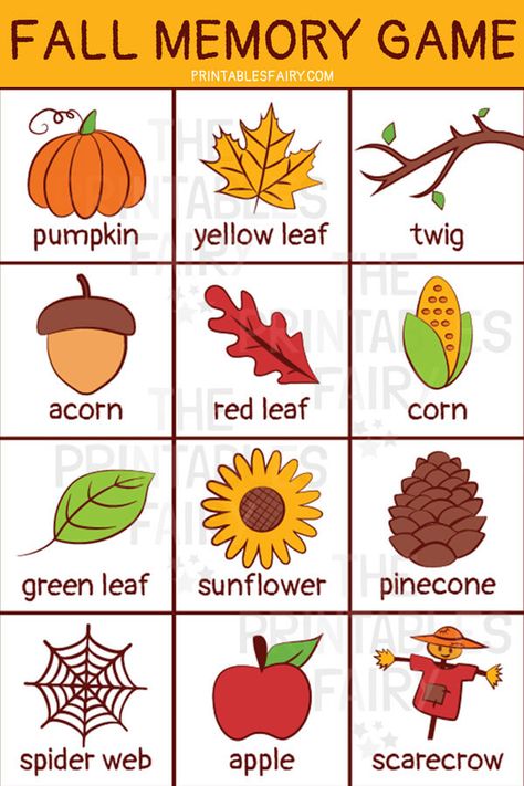 I Can Discover Autumn Preschool, Fall Word Wall For Preschool, Fall Flashcards Free Printable, Autumn For Kindergarten, Autumn Activities For Kindergarten, Autumn Games Preschool, Thanksgiving Memory Game, Autumn For Preschoolers, Fall Puzzles Printables