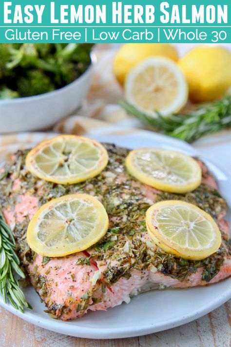 The easiest, most delicious AND healthy Baked Lemon Herb Salmon Recipe combines fresh ingredients for tons of flavor! It's made in less than 45 minutes, low carb, paleo, gluten free and Whole30! Lemon Herb Salmon, Easy Dinner Dishes, Herb Salmon, Paleo Appetizers, Optavia Recipes, Weekly Meals, Healthiest Seafood, Gluten Free Recipes For Breakfast, Healthy Baked