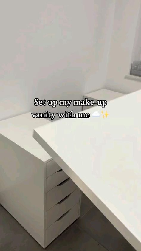 tiktok@fiona.xg Clean Room Aesthetic Vanity, Turning Desk Into Vanity, Ikea Diy Makeup Vanity, Ikea Vanity Organization, My Dream Vanity, Dream Vanity Room, Skincare Vanity Aesthetic, How To Build A Vanity Makeup, Bedroom With Vanity Layout