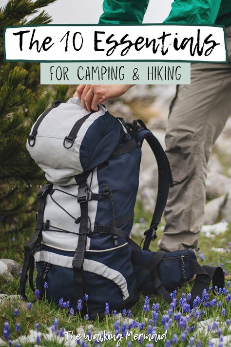 Sharing the 10 essentials for camping and hiking, courses for survival skills, navigation, & first aid, gear tips, and more. Free printable checklist! | Hiking Tips For Beginners | Hiking Packing Lists | Camping Tips | Hiking Guides #hiking #camping Ten Essentials Hiking, Minimalist Camping Gear, Essentials For Camping, Minimalist Travel Packing, Hiking List, Hiking Packing List, Minimalist Camping, Camping Gear List, Beginner Hiking