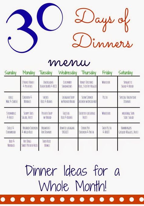 30 Days of Dinners: Another Month of Meal Planning Monthly Meal Menu Ideas, Family Menu Planning Dinners, 2 Week Menu Plan Families, Meals For A Month Menu Planning Cheap, Dinner Menu For The Month, Dinner Menu Ideas Family, A Month Of Meals, Weekly Dinner Ideas Menu Planning, Weekly Dinner Menu Ideas For Two