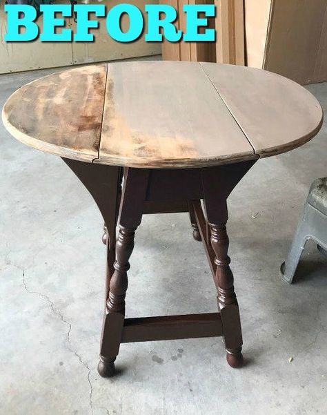 I needed a table to fit in between my two wing back chairs that I had just finished and I remembered that I had one I bought from a neighbor.  It was the perfect size.   I knew that it didn't need sanded to use chalk paint but my husband got up one morning and decided to to me a favor and sand the top of the table. I stopped him and said it wasn't necessary.   SO...to save a step...don't bother to sand the furniture.   Let hubby stain the legs. Then I painted the top with COCO Annie Sl… Painted Chairs Ideas, Painted Chairs Diy, Painted Table Tops, Upcycled Furniture Before And After, Decor Makeover, Hometalk Diy, Recycling Crafts, Diy Muebles Ideas, Old Table