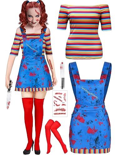 Xtinmee 5 Pcs Women Halloween Creepy Doll Clown Costume Horror Dress Movie Character Voodoo Costume Rainbow T Shirt Scary Doll Costume, Creepy Doll Halloween Costume, Chucky Doll Costume, Movie Star Dress, Creepy Doll Halloween, 2024 Dress, Movie Character Costumes, Doll Halloween Costume, Scary Dolls