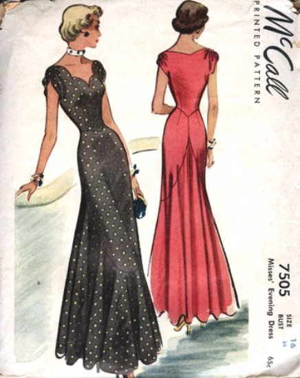 McCall 7505-16 Vintage dress pattern. A simple option for bridesmaids? Would be quite flattering for many body shapes. 1940s Evening Dresses, Evening Dress Patterns, Moda Retro, Look Retro, Vintage Dress Patterns, Dress Making Patterns, Retro Mode, Vestidos Vintage, 1940s Fashion