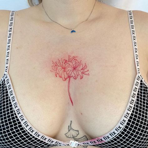 Lily Tattoo Ideas, Lilly Flower Tattoo, Gaara Tattoo, Spider Lily Tattoo, Red Flower Tattoos, Lillies Tattoo, Small Back Tattoos, Wife Tattoo, Red Spider Lily