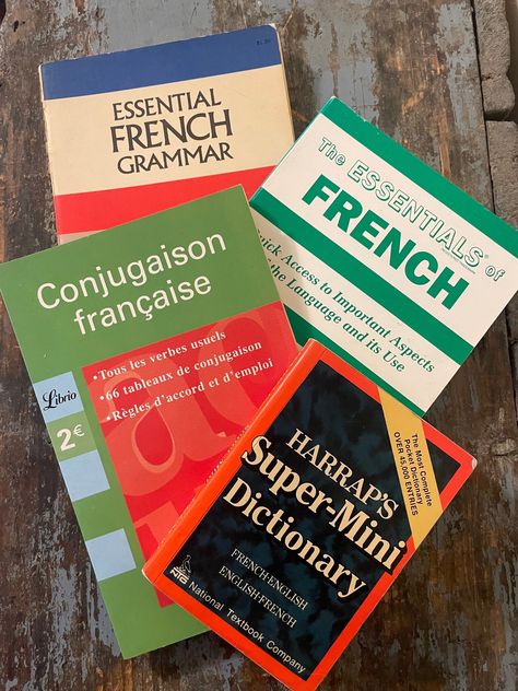 This Learn French Book Set includes 4 books: - The Essentials of French, Research & Education Association, Miriam Ellis. (1999). Quick Access to Important Aspects of the Language and Its Use. Includes all important rules of grammar, vocabulary, verb conjugations and sentence structure. - Essential French Grammar, Seymour Resnick (1965). All the grammar really needed for speech and comprehension without trivia, clearly presented. An ideal supplement to phrase study with the most efficient system Books To Learn French, French Books Aesthetic, French Language Aesthetic, Learning French Aesthetic, Studying French, French Study, French Dictionary, Vocabulary Book, Study French
