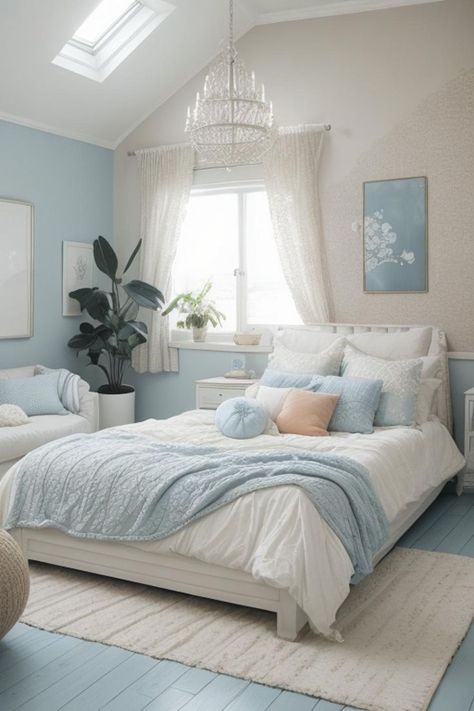 Serene Blue Bed Room Decor Ideas.  #LivingRoomColors #HomeDecor #InteriorDesign #HomeDecorIdeas #BestLivingRoomIdeas #HomeDecorIdeas #decor #decoration #decora #decorating #decorations #decorate #decorative #decoracaodeinteriores #decorando #decoraci #decore #decoradora #decorar Blue Walled Bedrooms, Light Blue Bedroom Decor Ideas, Light Blue House Decor, Room Ideas Blue And Grey, Pale Blue Bedroom Ideas, Light Blue And Grey Bedroom, Sky Blue Room Ideas Bedroom, Pastel Blue Bedroom Ideas, Light Blue Girls Room