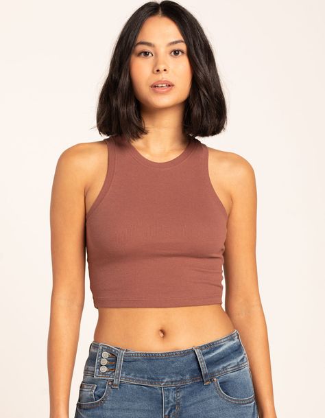 High Neck Tank. Solid Cotton Blend Tank Top With Stretch. Ribbed Knit Construction. High Neckline. Sleeveless. Fitted, Crop Silhouette. 57% Cotton/38% Polyester/5% Spandex. Hand Wash. Imported. Model Is Wearing A Size Large. Model Measurements:height: 5'7" Bust: 38"waist: 32"hips: 42" Model Is Wearing A Size Small. Model Measurements:height: 5'8" Bust: 32"waist: 25"hips: 36" | Full Tilt High Neck Tank Womens Tank Top, High Neck Tank Top, High Neck Tank, Full Tilt, Womens Tank, Ribbed Knit, High Neck, Cotton Blend, Tank Top