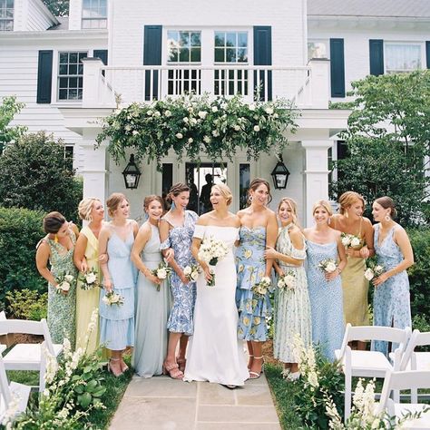 Spring Wedding Family Outfits, Midi White Bridesmaid Dresses, Pink And Blue Wedding Bridesmaids, Mixed Length Bridesmaid Dresses, Waterfront Wedding Colors, Wedding Dress Garden Party, Pastels Bridesmaids, Blue And Green Bridesmaid Dresses, Blue Green Bridesmaid Dresses