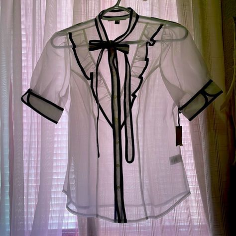 Sheer Button Up, Size Small Blouse. Never Worn. Ruffle Detail On Front Of Blouse. Puffy Sleeves Are Very Cute. Sheer Puff Sleeve Top, Fancy Collar, Blouse With Ruffles, Grad Pic, White Ruffle Blouse, Ribbon Shirt, Denim Button Down, Puff Sleeve Blouse, Puffy Sleeves