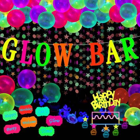 Glow Neon Party, Star Cupcake Toppers, Glow Bar, Happy Birthday Cake Toppers, Glow Theme Party, Neon Party Supplies, Neon Party Decorations, Skate Birthday Party, Bar Banner