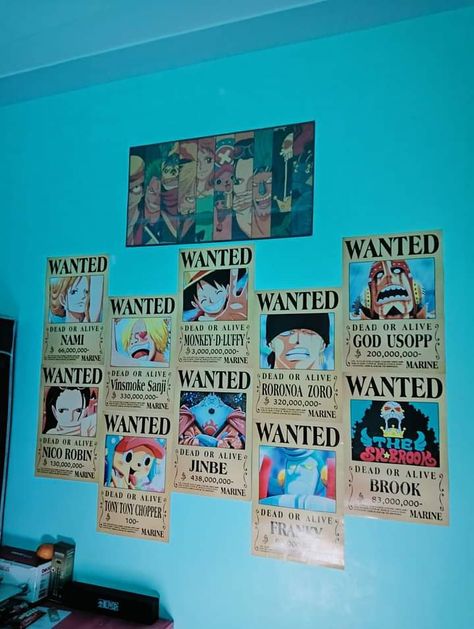 Anime Bedroom Ideas For Boys, Boys Bedroom Ideas Teen, Anime Themed Room, One Piece Wanted Posters, Anime Bedroom Ideas, Future Bedroom Ideas, Anime Diys, One Piece Theme, Wanted Posters