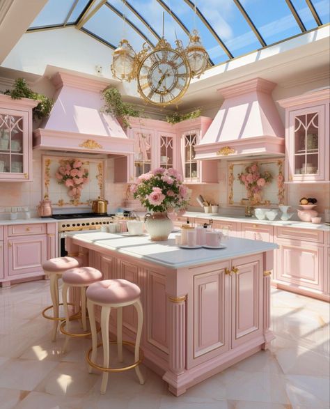 Barbie Cottage, Pink Kitchen Designs, Girly House, Retro Pink Kitchens, Pink Kitchens, Pink Cabinets, Cottage Pink, House Aesthetics, Lounge Rooms