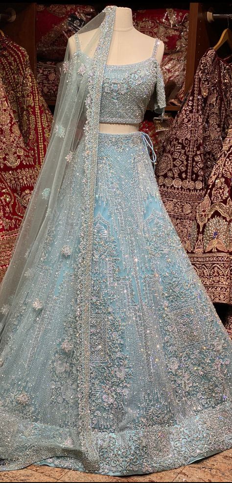 Embroidery Work On Kurti, Reception Dress Indian, Work On Kurti, Light Blue Lehenga, Indian Reception Outfit, Indian Wedding Reception Outfits, Light Blue Gown, Reception Outfits, Lengha Bridal