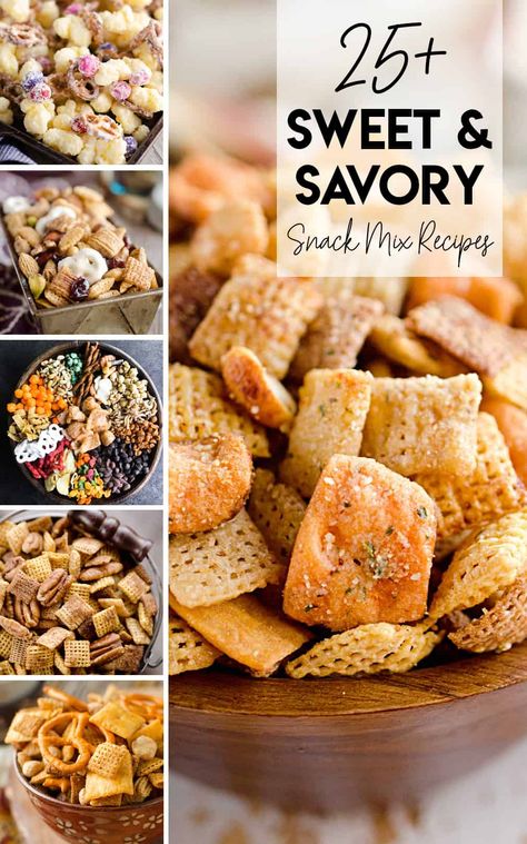 Sweet & Savory Snack Mix Recipes are perfect for a game day treat, party food, fun dessert or just any time you want something on hand for the munchies! #SnackMix #SweetSnackMix #Munchies Christmas Snack Mix, Savory Snack Mix Recipes, Easy Munchies Snacks, Cheerios Snack Mix, Healthy Snack Mix, Sweet Snack Mix, Easy Snack Mix, Snack Mix Recipe, Munchies Snacks