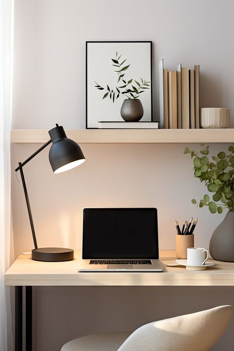 Study Room Aesthetic Minimalist, Airbnb Office Space, Minimalist Office Setup, Bedroom And Workspace Ideas, Desk In Living Room Ideas Layout, Scandinavian Home Office Design, Neutral Desk Setup, Desk Inspiration Office, Work From Home Bedroom