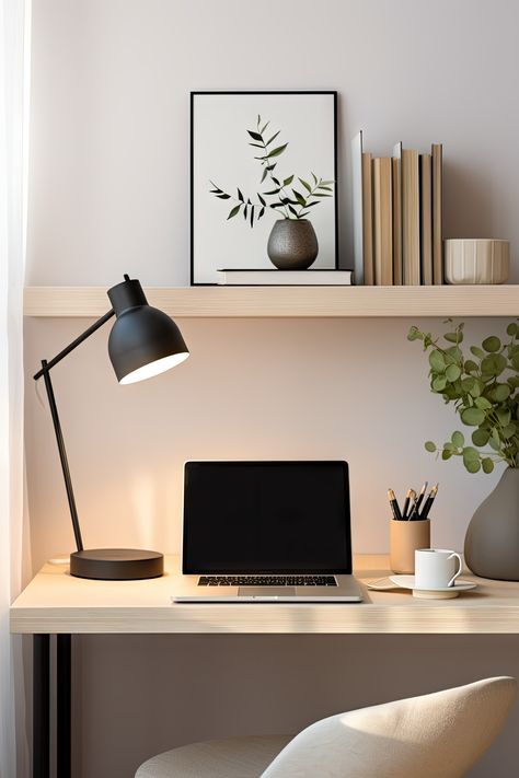 Aesthetics Office Decor, Aesthetic Work Set Up, Minimalist Office Setup, Meja Aestethic, Home Office Aesthetic Minimalist, Neutral Desk Setup, Minimalist Office Ideas, Aesthetic Desk Set Up, Office Decor Ideas For Work Workspaces