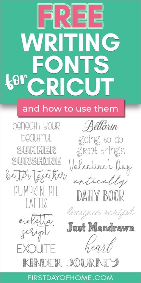 Download these free writing fonts for Cricut projects. These fonts look like handwriting and are perfect for making cards, gift tags, signs, and more in Cricut Design Space. #firstdayofhome #cricut #fonts Cricut Handwriting Fonts, Free Writing Fonts For Cricut Pen, Best Writing Fonts For Cricut, Engraving Fonts For Cricut, Cricut Joy Fonts, Free Cricket Fonts, Best Free Fonts 2023, Free Cursive Fonts For Cricut, Cricut Pen Fonts