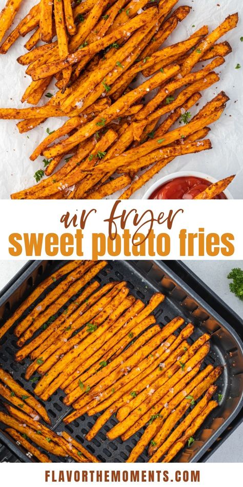 Air Fryer Sweet Potato Fries Crispy, Salmon Bits In Air Fryer, Air Fry Sweet Potato Fries, Air Fried Sweet Potato Fries, Sweet Potato Fries Air Fryer, Air Fryer Veggies, Air Fryer Sweet Potatoes, Homemade Sweet Potato Fries, Air Fryer Sweet Potato Fries