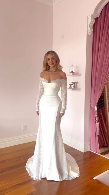 Eva Lendel | Wedding dresses on Instagram: "Incredible ‘Envy’ steals the hearts 🤍 Now available at @natalierosebridal 💕 Model @cassandragrodd #evalendel #weddingdress #weddinggown #bridalgown #bridalfashion #bridalwear" Houseofcb Wedding Dresses, Satin Long Sleeve Wedding Dresses, Wedding Dresses W Sleeves, Timeless Wedding Dress Mermaid, Minimalist Wedding Dresses Lace, Satin Fitted Wedding Dress With Sleeves, Wedding Dress Bottom Styles, Silk And Lace Wedding Dress With Sleeves, Sheath Lace Wedding Dress With Sleeves