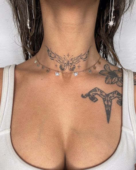 Mariah The Scientist Tattoos, Spiritual Neck Tattoo, Throat Tattoos Women Simple, Neck Tattoo Women, Simple Neck Tattoos, On Hand Tattoo, Heart Tattoo Ideas, Front Neck Tattoo, Classy Tattoos For Women