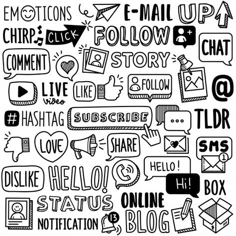 Hand-drawn collection: social media word... | Premium Vector #Freepik #vector #technology Social Media Doodle Art, Word Doodle Art Letters, Doodle Words Letters, Words Doodle, Doodle Words, Words Drawings, Word Doodles, Letters Ideas, Words Inspiration