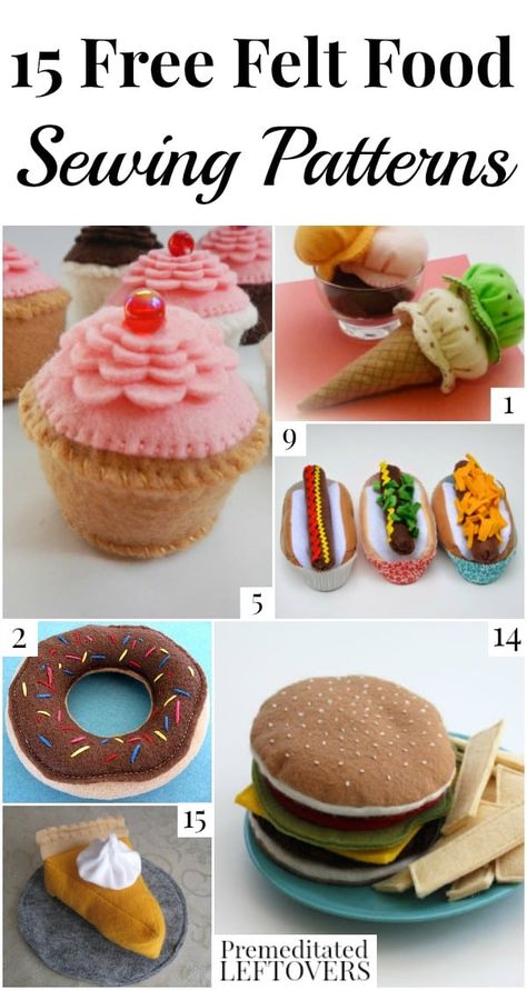 Felt food is perfect for little foodies! They are easy to make and you can even wash them. Here are 15 free felt food sewing patterns to inspire you. Food Sewing Patterns, Play Food Diy, Felt Food Pattern, Felt Toys Diy, Felt Food Diy, Felt Food Patterns, Felt Play Food, Pretend Food, Felt Crafts Diy