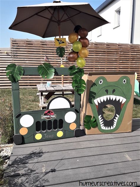 Jurrasic Park 2nd Birthday Party, Jurassic Park Archway Diy, Jurassic Park Cardboard Jeep, Dinosaur Photo Booth Frame, Jurassic Park Jeep Cardboard, Jurassic Park Party Favors, Jurassic Park Party Invitations, Jurassic Park Trunk Or Treat Ideas, Outdoor Dinosaur Birthday Party