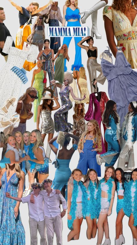 Mamma Mia Party Theme Outfits, Abba Voyage Outfit Ideas, Mamma Mia Disfraz, Abba Outfits Party, Mamma Mia Themed Party Outfit, Mamma Mia Aesthetic Outfits Party, Abba Disco Outfit, Abba Voyage Outfit, Abba Party Outfit