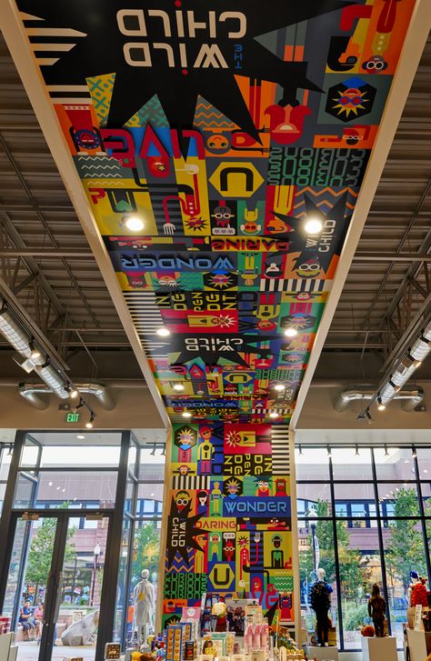 Ceiling and #wallgraphics in kids toy store in #Denver. #retaildesign #interiordesign Toy Display Ideas Retail, Ceiling Store Design, Toy Store Design Shops, Toy Shop Ideas, Toys Store Design, Toy Store Interior Design, Toy Shop Design, Toys Shop Design, Toy Store Interior