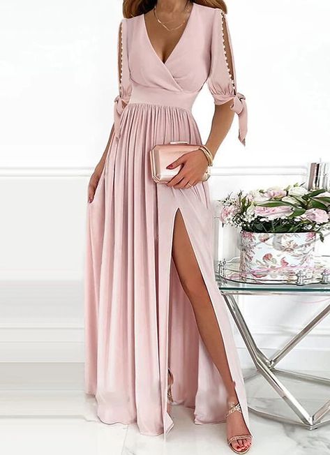 Women's Party Dress Cocktail Dress Wedding Guest Dress Swing Dress Long Dress Maxi Dress Pink Half Sleeve Pure Color Ruched Fall Autumn V Neck Modern Evening Party 2023 S M L XL XXL 3XL 2024 - $47.99 Casual Summer Maxi Dress, Maxi Dress Outfit, Female Shorts, Evening Dresses For Weddings, High Waist Dress, Maxi Dress Prom, Maxi Robes, Party Dress Short, Bride Clothes