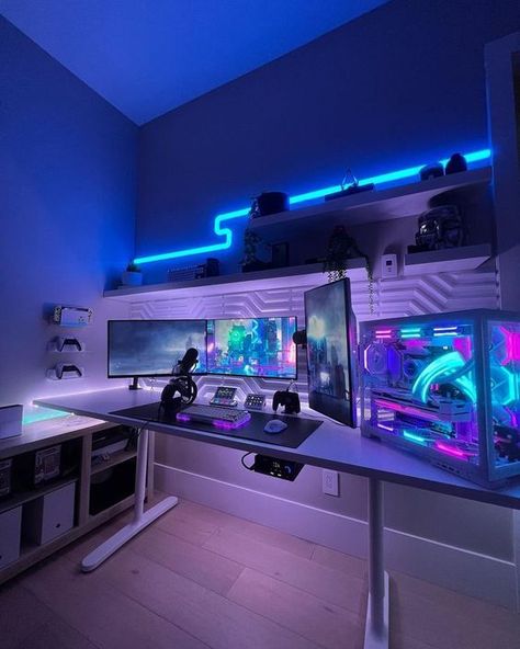 Gaming Setup Ideas #gamingsetups #gaming #gamingsetuppc #pcgamingsetup #gamingpcsetup #gamingdesksetup #pinkgamingsetup #gamingroomsetup #bestgamingsetup #bedroomgamingsetu #gamingpc #gaming Rgb Gaming Setup, Large Game Room, Rgb Setup, Gaming Setup Ideas, Games Room Inspiration, Gaming Desk Setup, Best Gaming Setup, Home Studio Setup, Bedroom Games