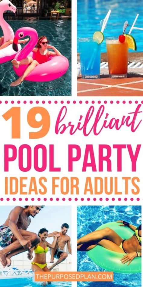 19 Fun Backyard Pool Party Ideas For Adults (Your Guests Will Love!) - The Purposed Plan Theme Pool Party Ideas For Adults, Pool Party Decor Ideas For Adults, 30th Bday Pool Party, Pool Party Ideas For Adults Backyards, Hen Pool Party Ideas, Pool Drinking Games For Adults, Pool Party For Adults Ideas, Poolside Birthday Party Ideas, Fun Themed Parties For Adults Summer