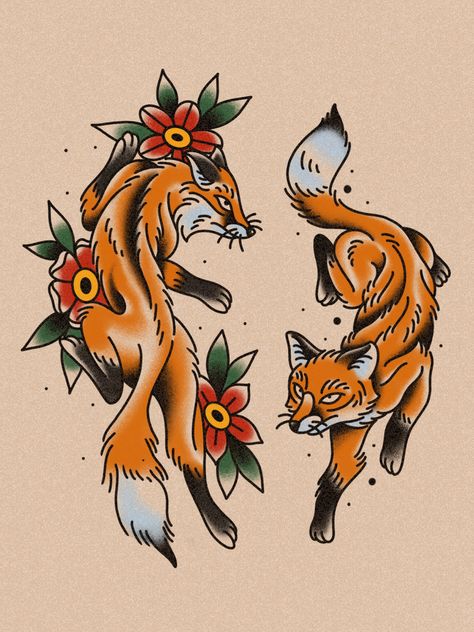 American Traditional Fox Tattoo Jackal Tattoo Design, Fox Tattoo American Traditional, Fox American Traditional Tattoo, Traditional Knee Frame Tattoo, Old School Fox Tattoo, Bear American Traditional Tattoo, Traditional Symmetrical Tattoo, Fox Flash Tattoo, American Traditional Fox Tattoo