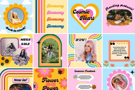 70s Aesthetic Instagram Feed, Aesthetic Instagram Template Post, Editable Canva Templates, Colorful Instagram Template, 70s Instagram Feed, Groovy Design Graphic, Canva Template Ideas Aesthetic, Canva Aesthetic Template, Retro Instagram Post